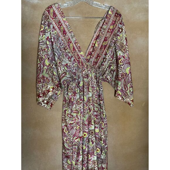 Boho Paisley Print Maxi Dress Kimono Sleeve Tassel V Neck Beach Cover Up - Picture 12 of 12